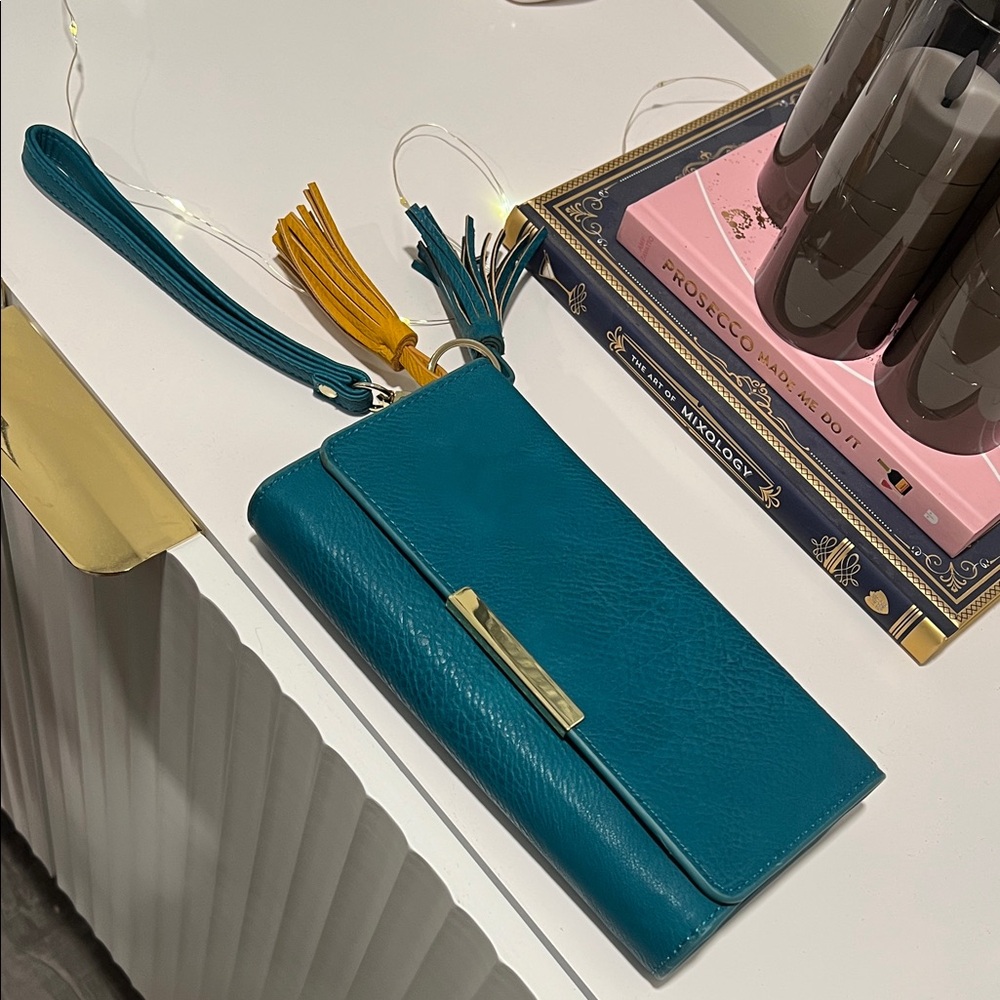 Teal Leather Wristlet Clutch